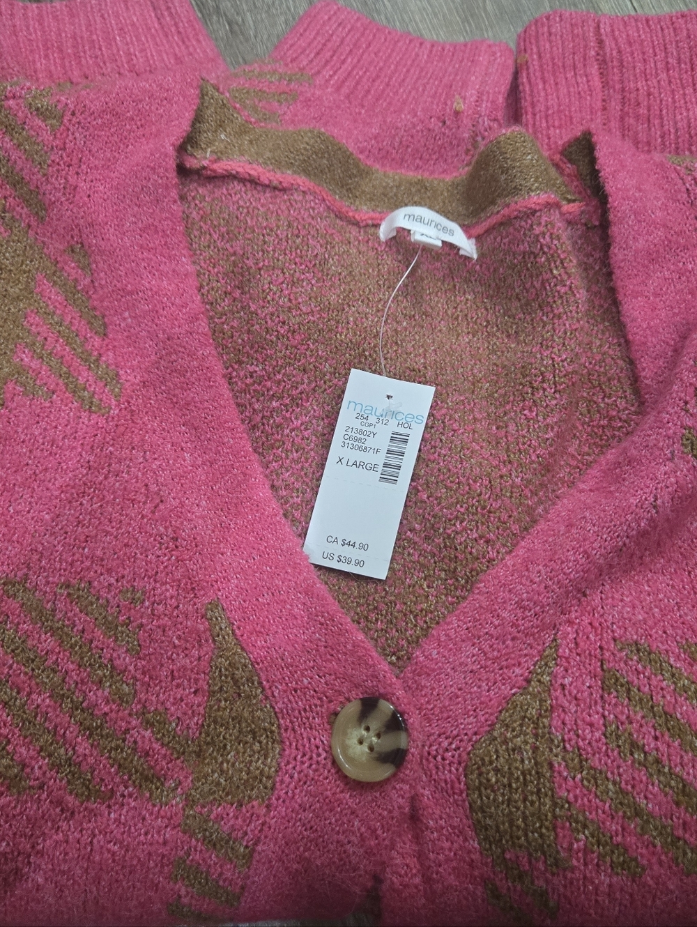 Maurices Pink and Brown Plaid Button-Up V-Neck Cardigan - Picture 2 of 3
